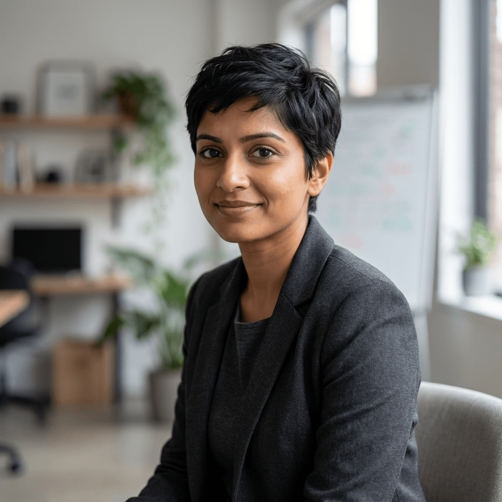 Female investor in her early 30s, East Asian, professional business attire