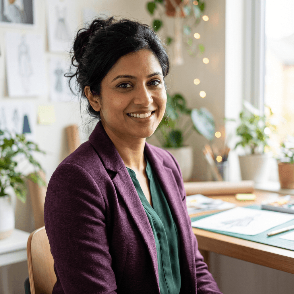 Female real estate investor in her early 40s, South Asian, professional business attire