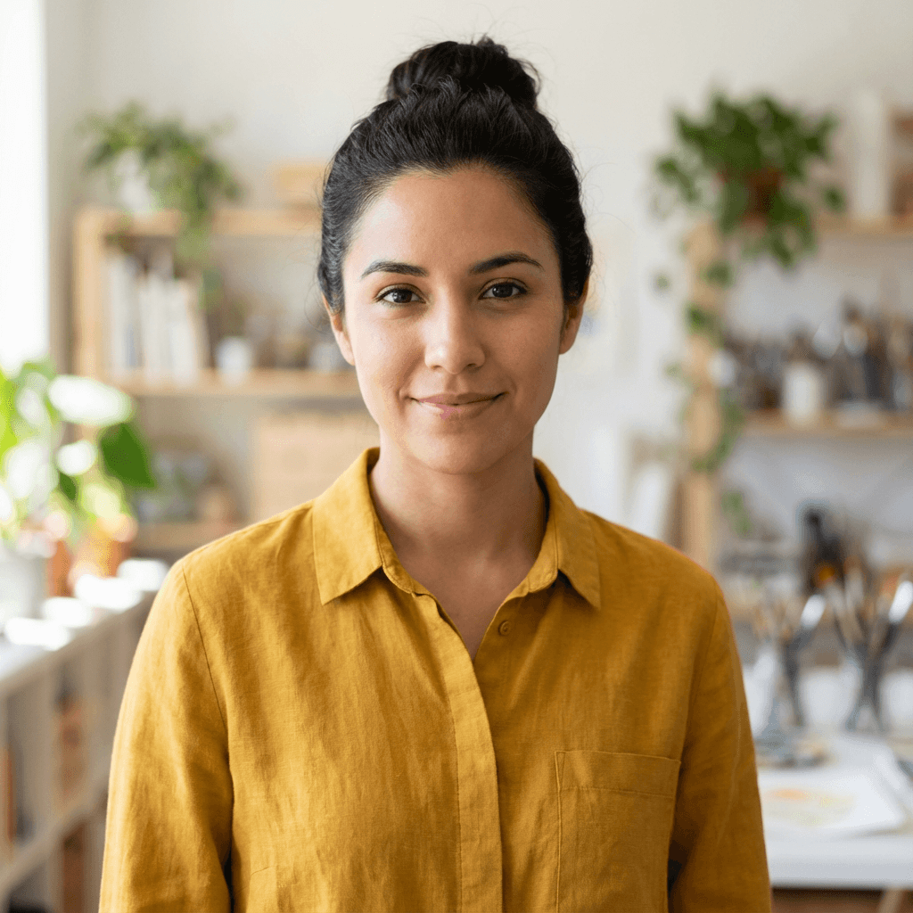 Female commercial client in her late 30s, Hispanic, professional business attire