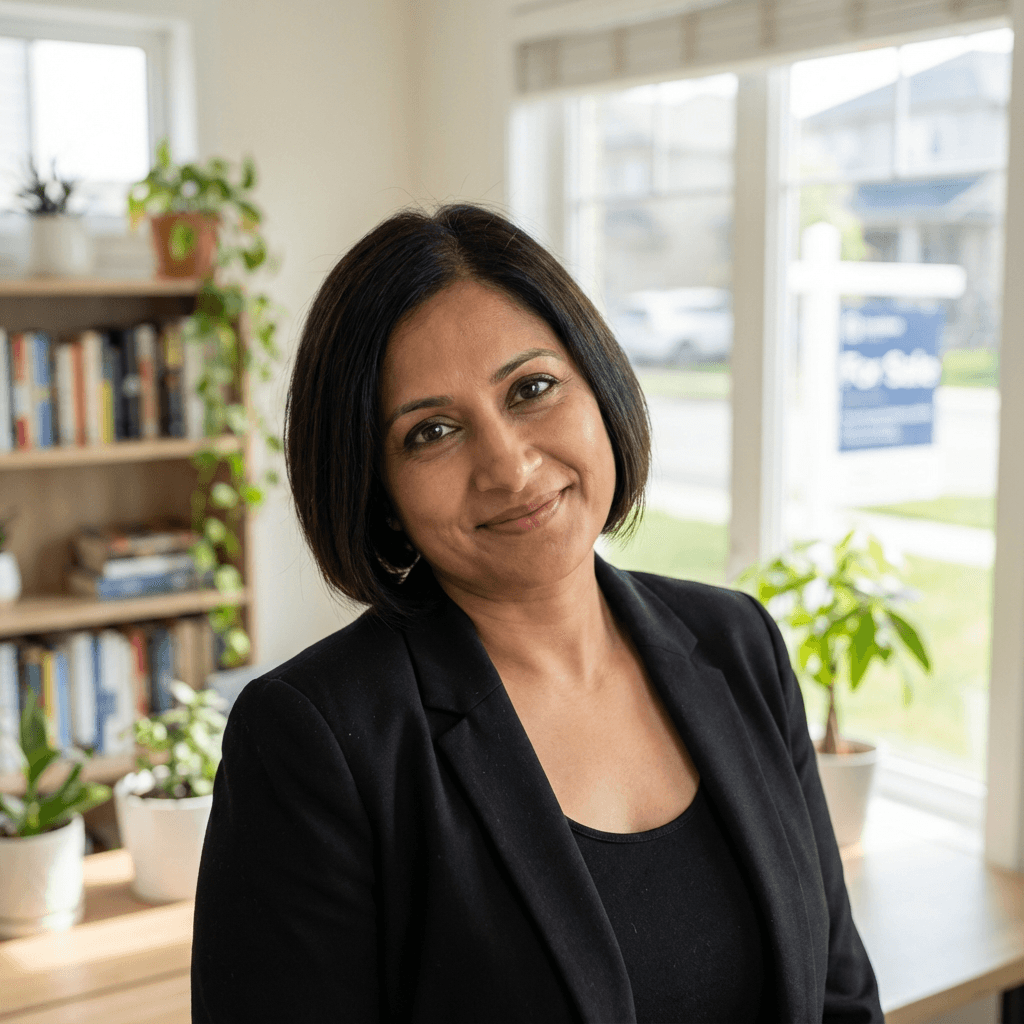 Female landlord in her early 40s, South Asian, professional demeanor