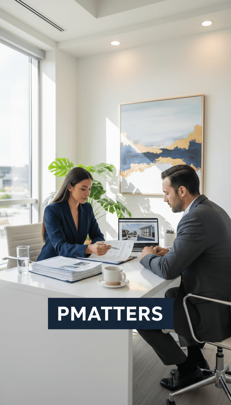 Real estate consultant and client reviewing property documents at an office desk