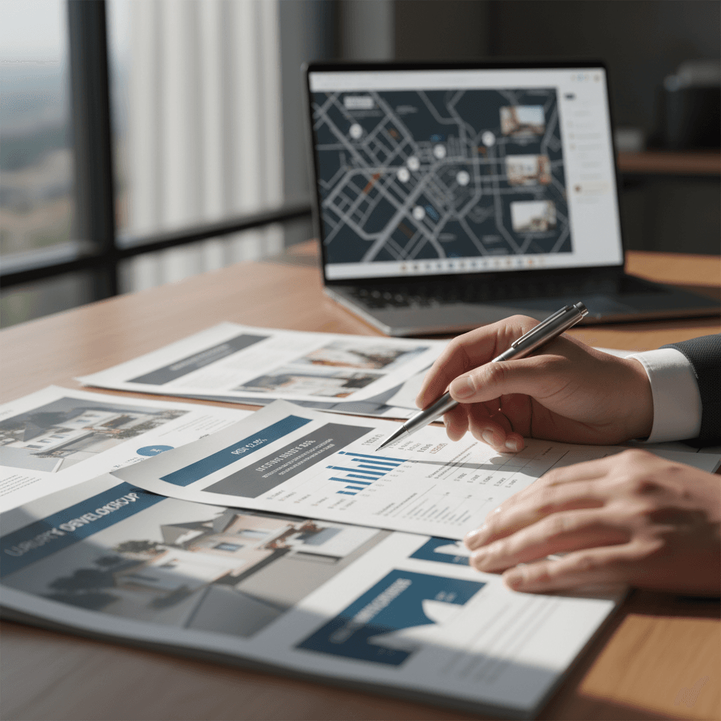 Investor reviewing rental property documents on a desk