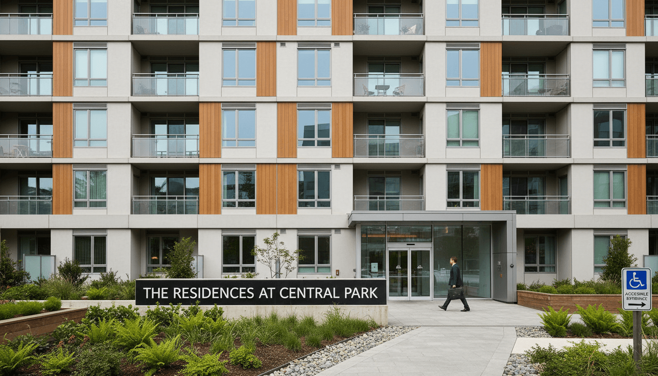 Landlord handing keys to a tenant outside a residential building with modern architecture