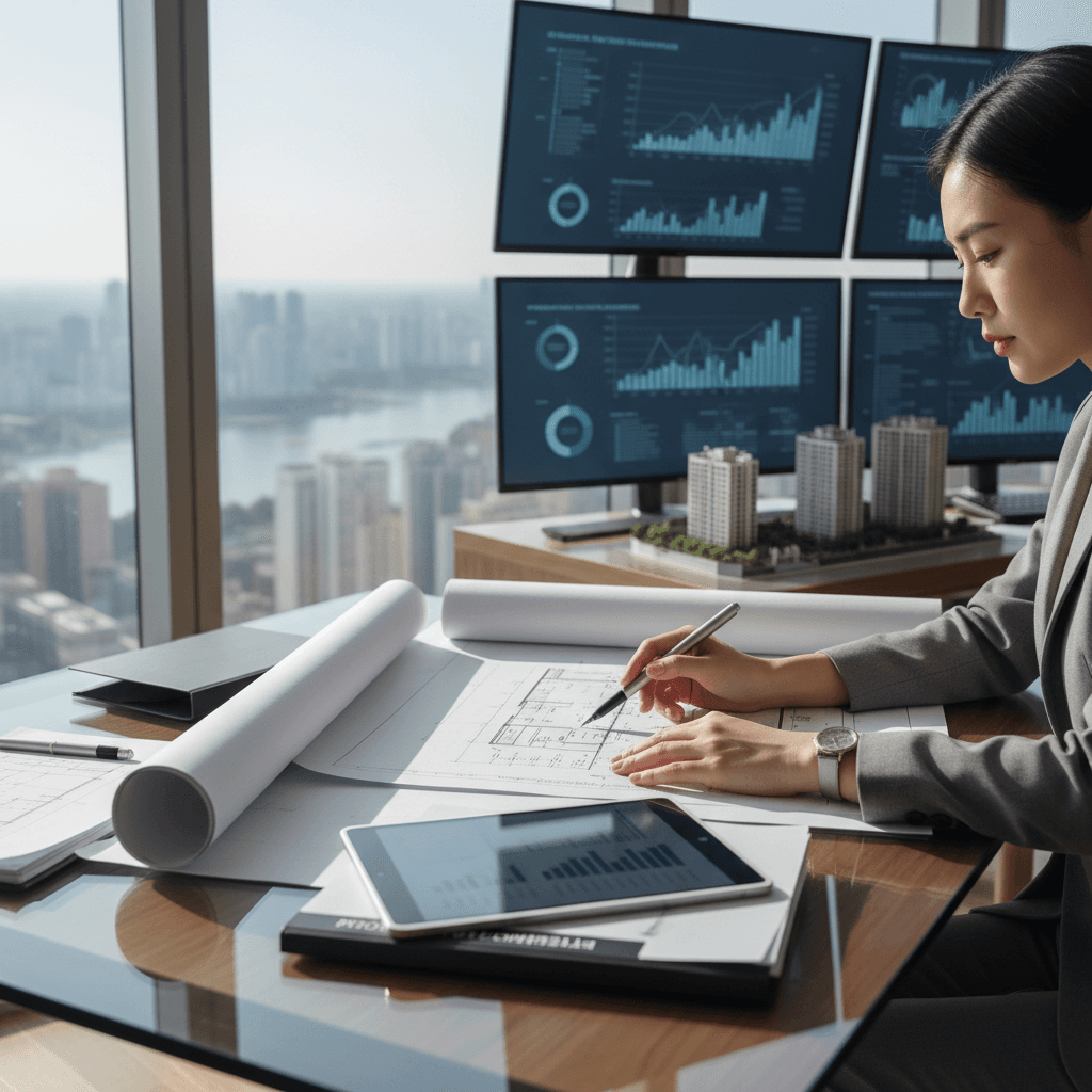 Analyst reviewing property data sheets and neighborhood maps