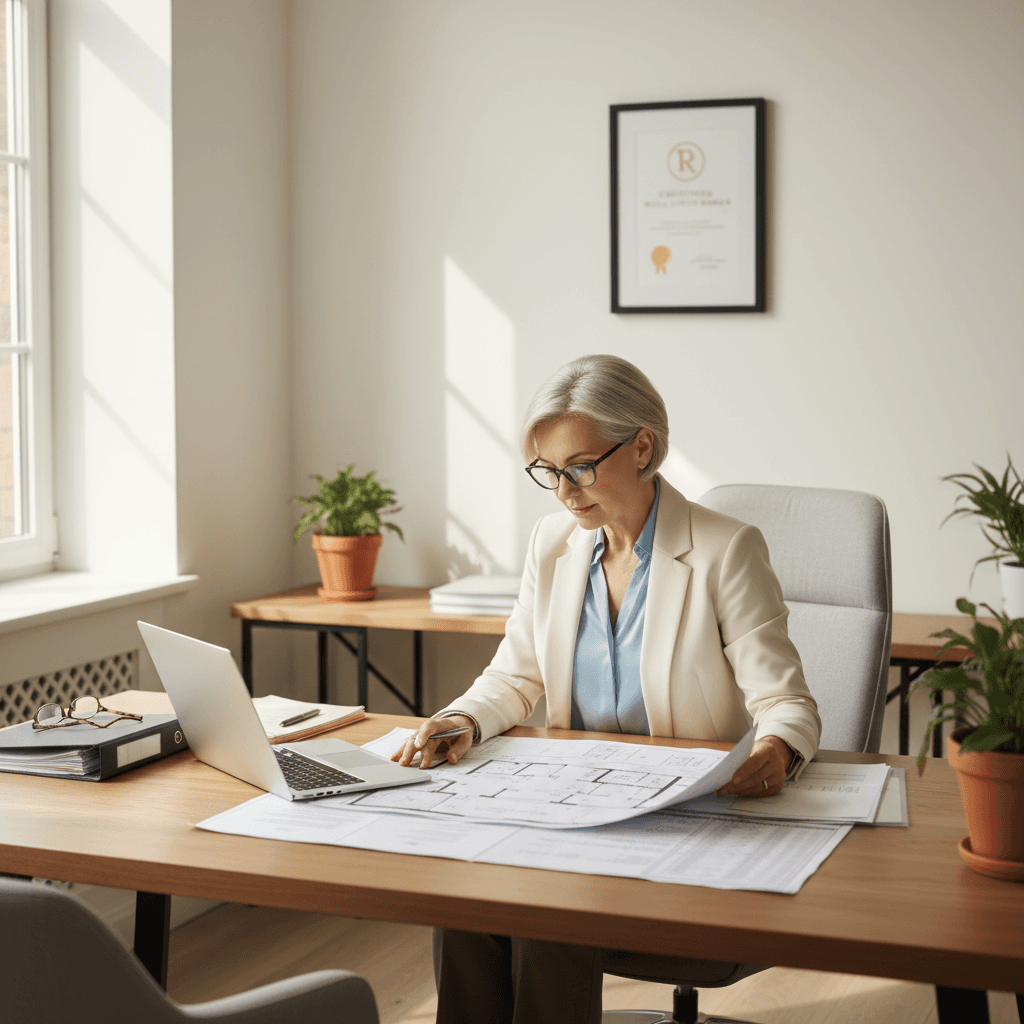 Consultant explaining property documents to a client in a warm professional office setting