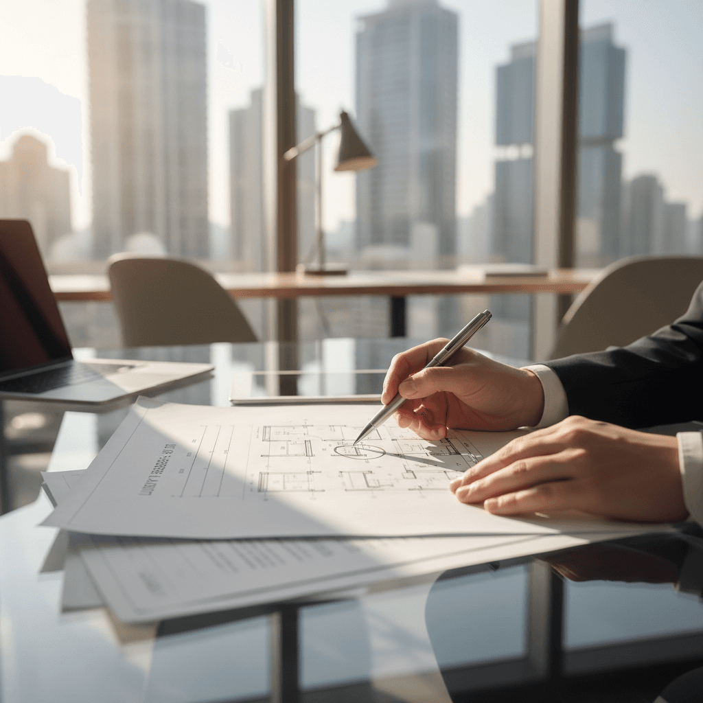 Property consultant reviewing documents in a bright office