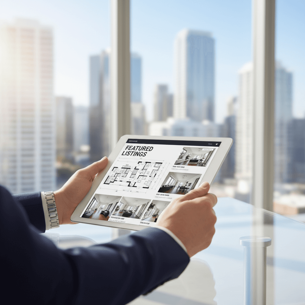 Real estate market data charts on a tablet with a city skyline in the background at a modern desk