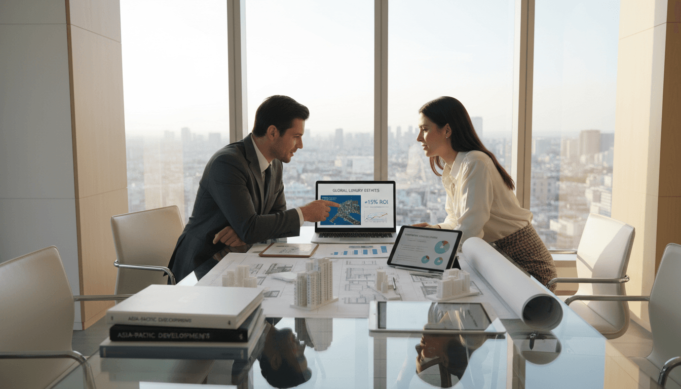 Professional meeting with a real estate advisor reviewing graphs and a property portfolio in a bright conference room