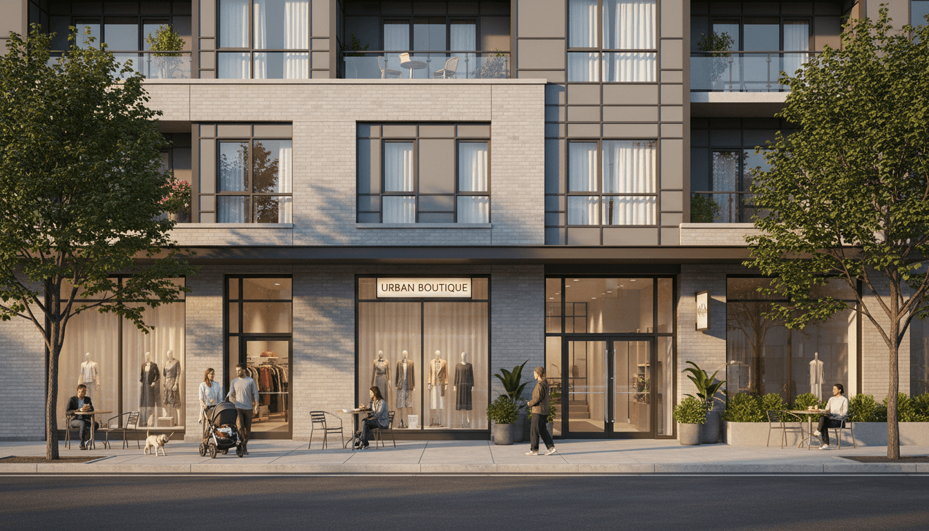 Small multi-unit residential building with landscaped entrance