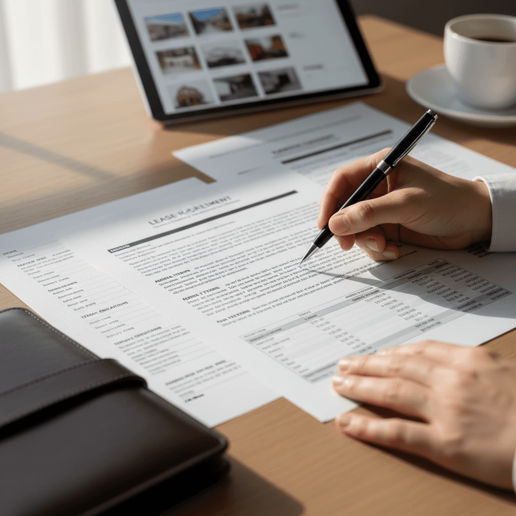 Property manager reviewing documents at a desk with a laptop in a bright office