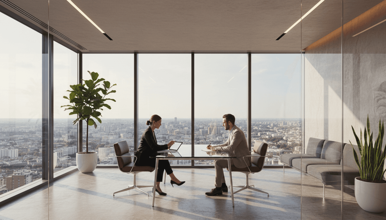 Property investment documents reviewed during a consultation with a city view