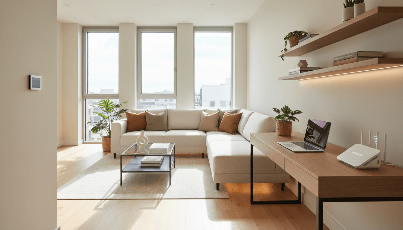 Modern rental apartment living room with large windows