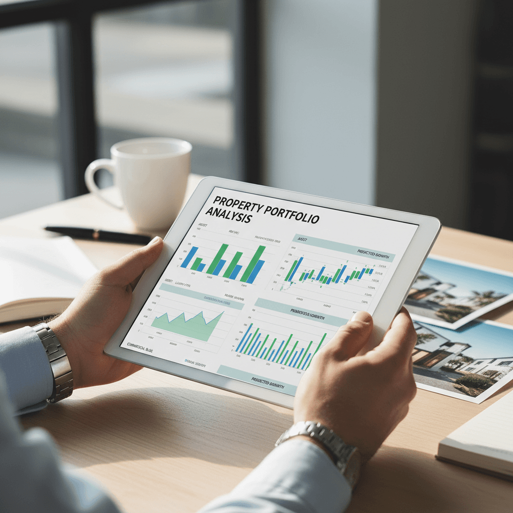 Real estate investor with a laptop analyzing property charts and financial reports in a modern office